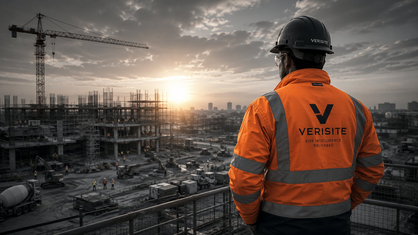 VeriSite construction worker overlooking a building site at sunset